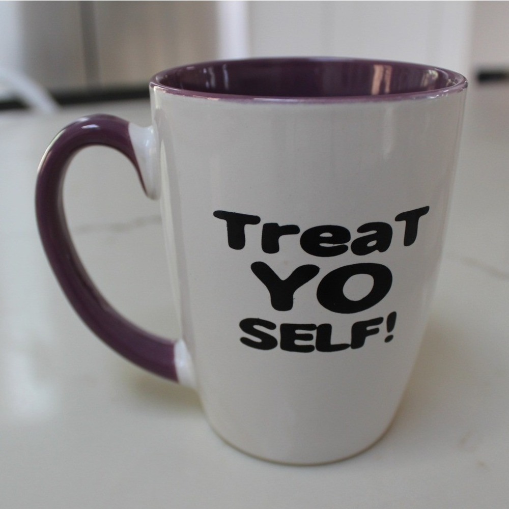 Parks and Recreation Mug Treat Yo Self Donna Tom White Purple - Picture 2 of 4